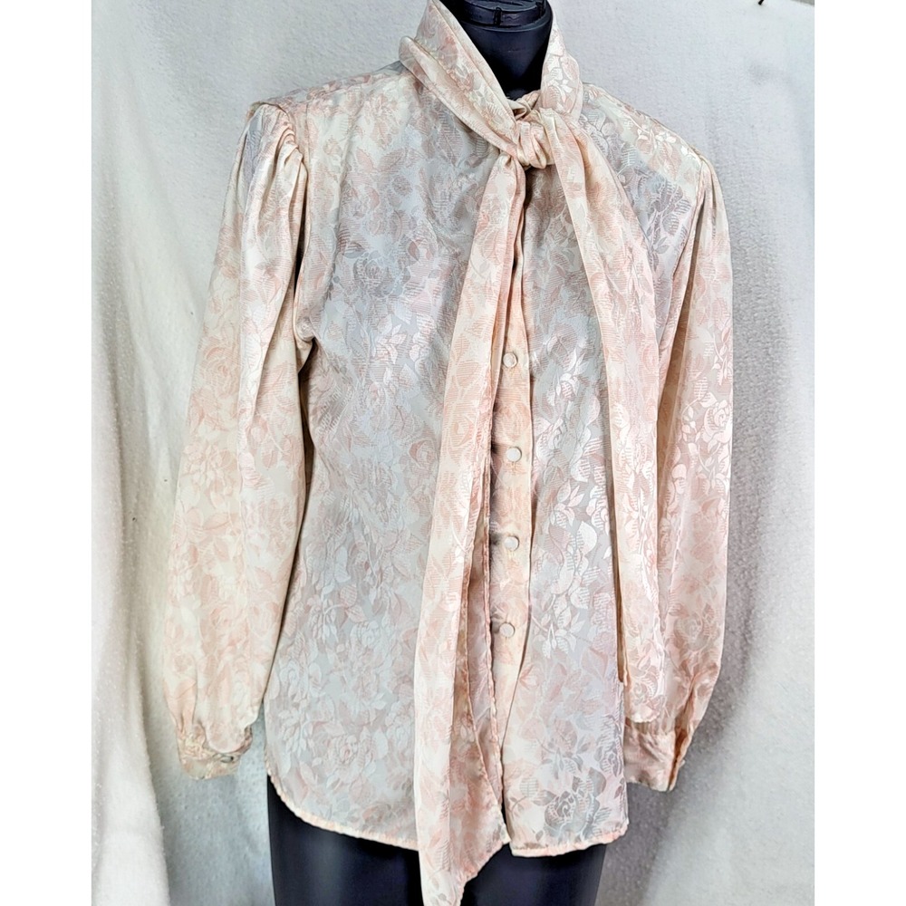 Vintage JH Collectibles Blouse Women's Medium Jacquard Pink Floral‎ Puff Necktie